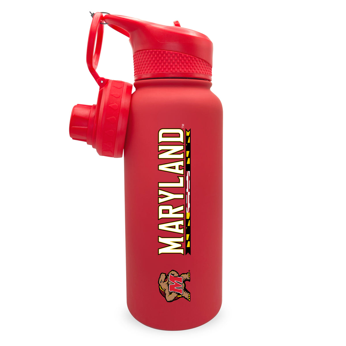 Maryland 34oz. Stainless Steel Bottle with Two Lids Primary Logo The Fanatic Group