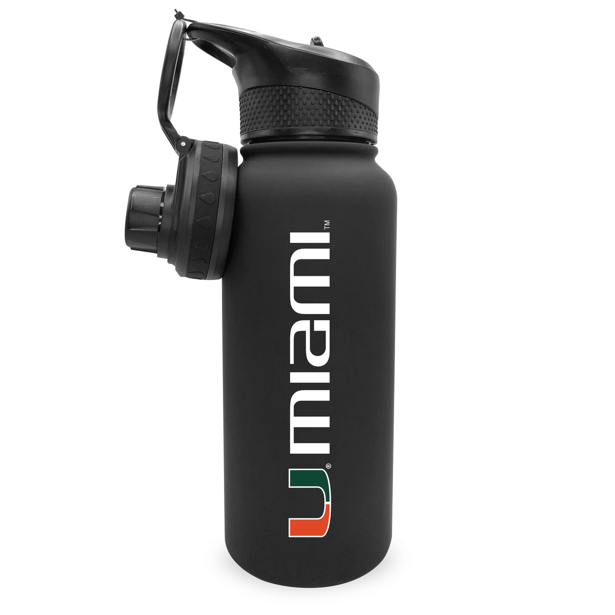 Miami 34oz. Stainless Steel Bottle with Two Lids Primary Logo The